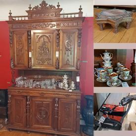 MaxSold Auction: dining chairs, table and others, copperware, plant stands, vases, Asian decor, crystalware, silverplate, kitchenware, small kitchen appliances, vintage figures, Schwinn bike, folding kayak, vintage toys, games, camping supplies, ceiling fixtures, electronics, runner rugs, Indian Tabla, Arabic Doubek drum, garden decor, supplies, Honda snowthrower and many more!